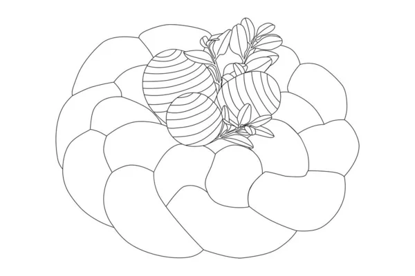 Пасхальное Украшение Сладкий Пасхальный Плетеный Хлеб Домашние Черные Линии Раскраски — стоковый вектор