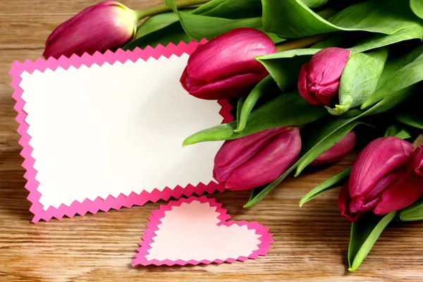Purple Tulips Wooden Background Cards Frame Text Valentines Motrhers Day — Stock Photo, Image