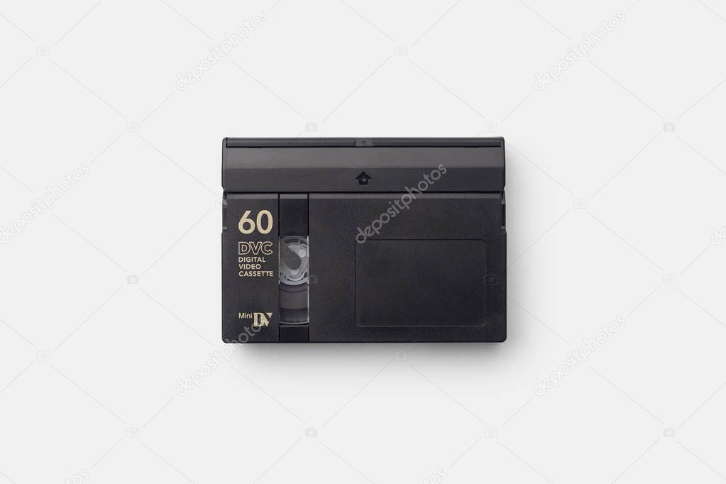 Mini DV Cassette over white background, top view