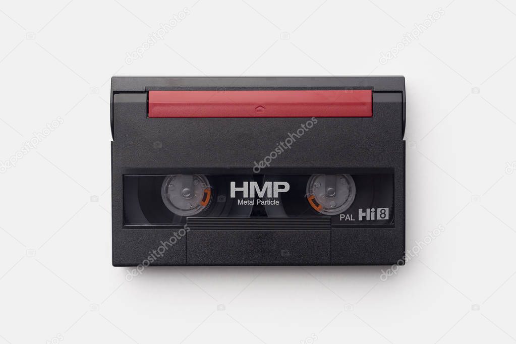 Hi8 Video Cassette over white background, top view