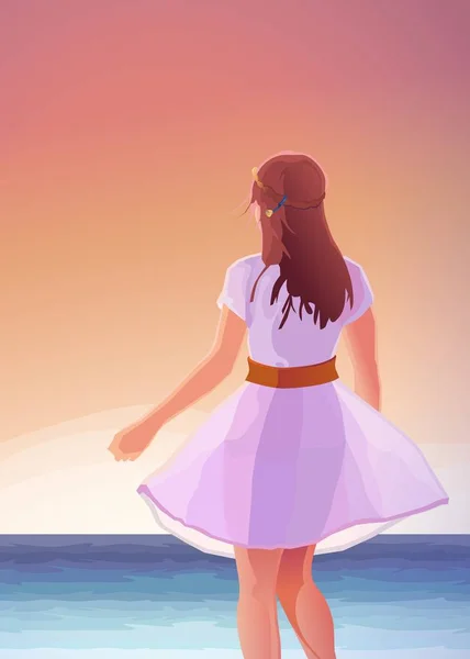 Mädchen im Kleid Meer Sonnenuntergang Vektor — Stockvektor
