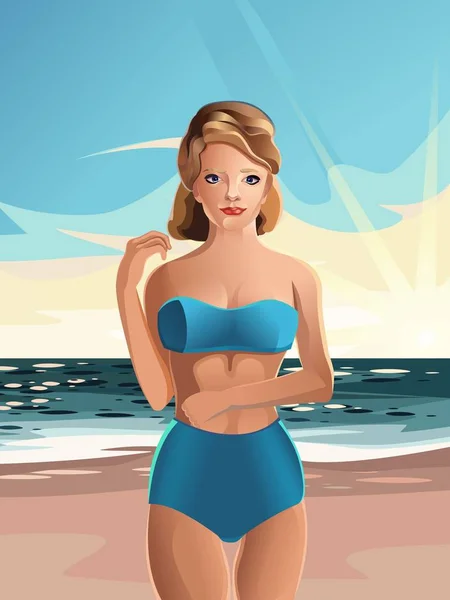 水着ビーチ休日の美しい、スリムな女の子のベクトルします。 — ストックベクタ