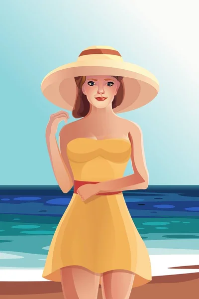 ドレスと帽子にビーチで美しい少女 — ストックベクタ
