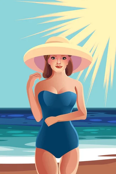 ビーチで帽子の女の子 — ストックベクタ