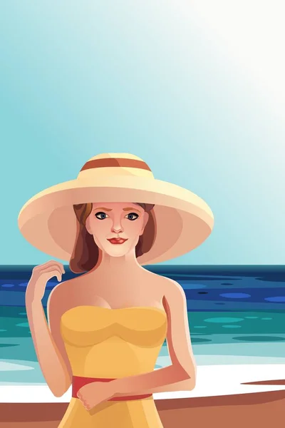 ビーチ バカンス帽子の美しい少女は、海をクルーズします。 — ストックベクタ