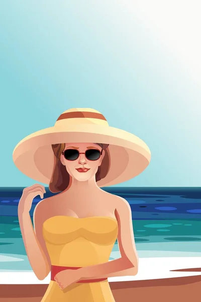 Schönes Mädchen mit Hut und Sonnenbrille am Strand — Stockvektor
