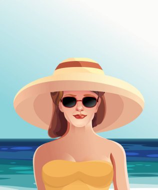 Kız şapka ve gözlük Beach, yaz tatili