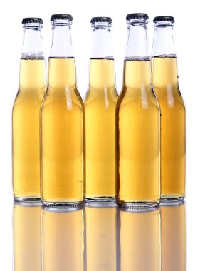 Beyaz arka planda soğuk ve taze bira şişeleri