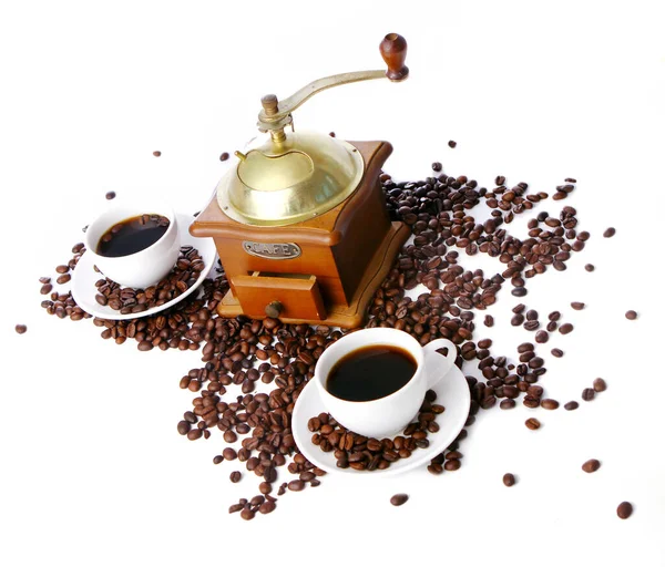 Old Coffee Grinder Roasted Coffee Beans White Background — Stock Photo, Image