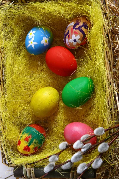 Пасхальные Яйца Желтом Растении — стоковое фото