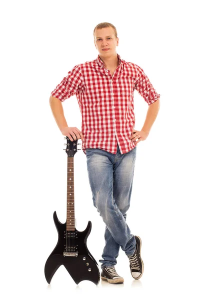 Fiatal Nyugodt Zenész Elektromos Gitárral — Stock Fotó