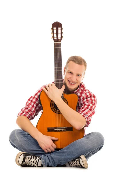 Joven Músico Con Guitarra Madera —  Fotos de Stock