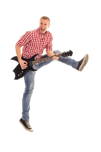 Jeune Musicien Fou Avec Guitare Électrique — Photo