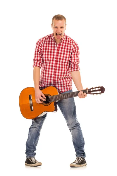 Young Crazy Musician Wooden Guitar — Stock Photo, Image
