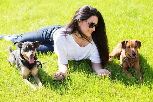 Outdoor Cute Attractive Girl Beautiful Dogs Grass — Stock Photo, Image