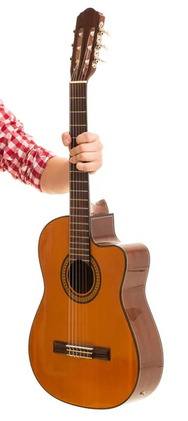 Muziek Close Muzikant Met Een Houten Gitaar — Stockfoto