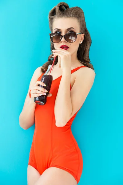 Pinup Summer Attractive Woman Red Swimsuit — Stock Photo, Image