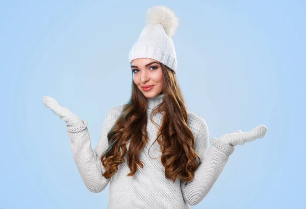 Winter Cute Girl Blue Background — Stock Photo, Image