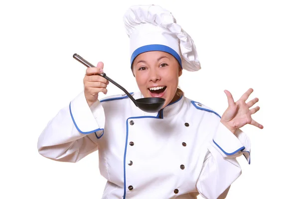 Donna Chef Cuoco Isolato Bianco — Foto Stock