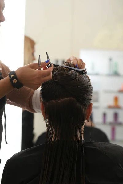 Salão Cabeleireiro Mulher Durante Corte Cabelo — Fotografia de Stock