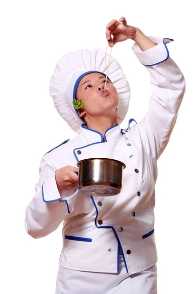Grappige Chef Kok Die Lekkere Pasta Eet — Stockfoto