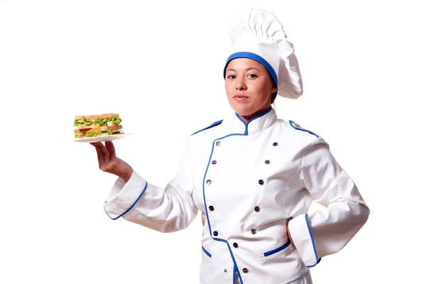 Mulher Chef Cook Com Sanduíche Isolado Sobre Fundo Branco — Fotografia de Stock