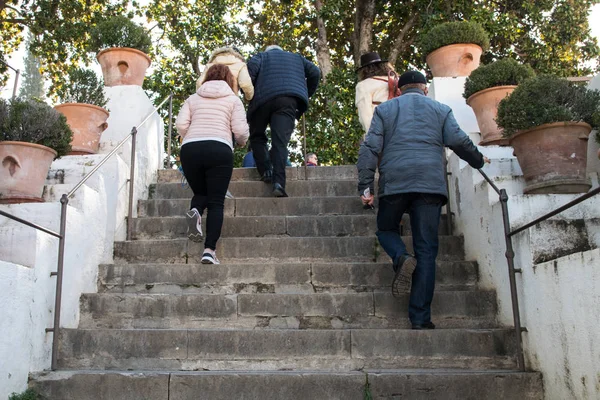 Son sınıflar ve sporcular merdivene tırmanıyor.