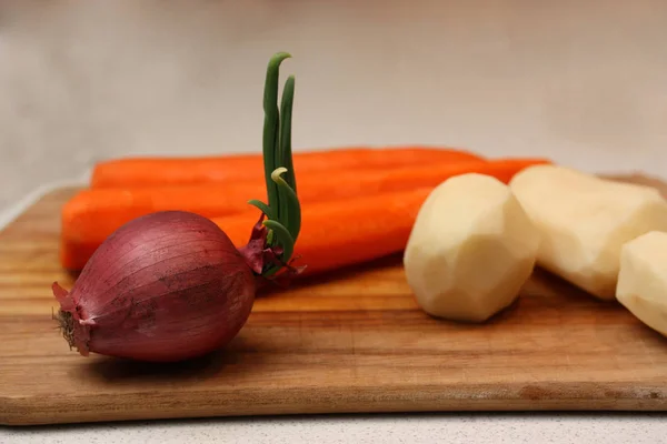 Red onion with feather, peeled potatoes and carrots on the chopping board. — Stock Photo, Image