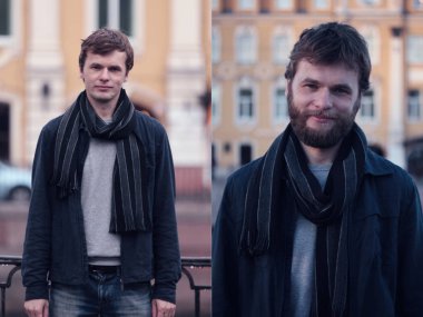 Genç adam sakallı ve o olmadan.