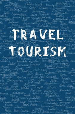 Kelime seyahat ve Turizm seamless modeli üzerinde. Beyaz renkli harfler ve arka plan adını dünya üzerinde 195 Vilayetler. Elle çizilmiş. Mavi arka plan üzerine açık mavi yazı tipi. 