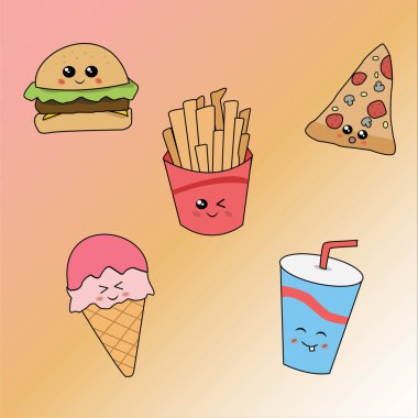 Vektör simgeleri, kawaii fast food etiketleri.