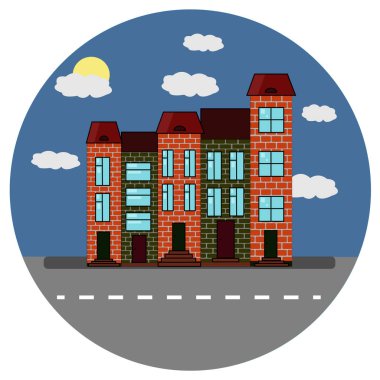 Şehir hayatı çizimleri, evler, yollar. Düz stil. Mimari Vektör