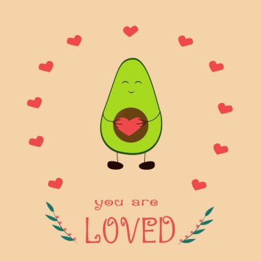 Avokado ve tost kartı. Kawaii çizgi film avokado karakteri. Avokado kartı, kartpostal, poster, çıkartma.