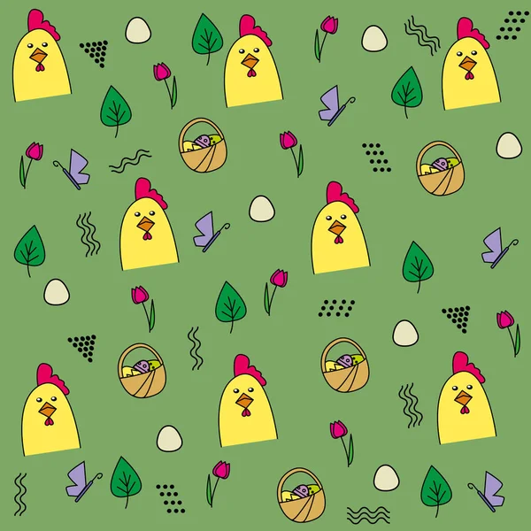 Set Primavera Pascua Dibujos Animados Polla Pascua Flores Primavera — Vector de stock