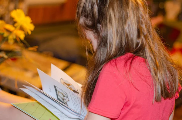 여섯 살된 한 소녀가 소파에 앉아 집에서 책을 읽고 있습니다. 가정 학습, 자기 학습. — 스톡 사진
