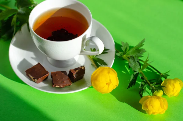 A Cup of black tea, pieces of chocolate and yellow flowers of Trollius europaeus on a green background. Chocolate day and morning tea. — Stock Photo, Image