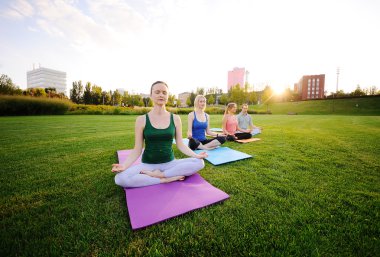 Yoga grup arka planda yeşil çimen