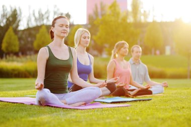 Yoga grup arka planda yeşil çimen