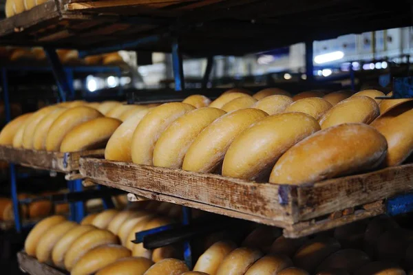 Свіжий хліб на полиці в пекарні — стокове фото