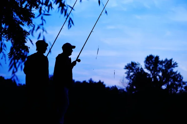 Silhouette di pescatori con canne da pesca sullo sfondo della natura — Foto Stock