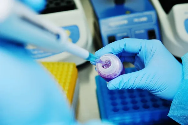 Un científico de laboratorio con un dispensador en sus manos lleva a cabo la experiencia o analiza — Foto de Stock