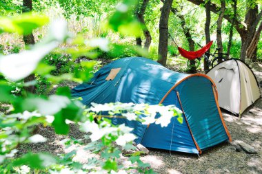 Arka plan bir hamak ve bir bisiklet üzerinde gölgeli bir ormandaki iki turist çadır. Kamp