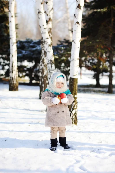 Dziewczynka w futrze i puszysty Orenburg szale z aplikacji — Zdjęcie stockowe