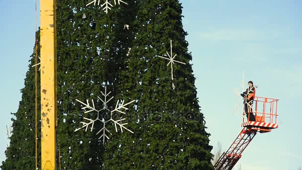 Dekoration av en stor urban julgran. — Stockvideo