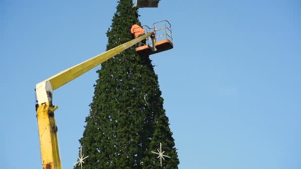 Decoratie van een grote stedelijke kerstboom. — Stockvideo