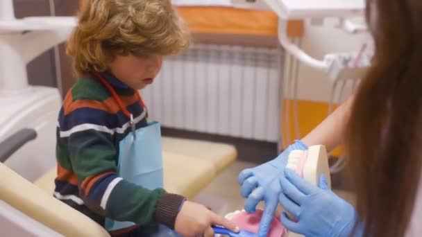 De tandarts vertelt het kind over mondhygiëne — Stockvideo