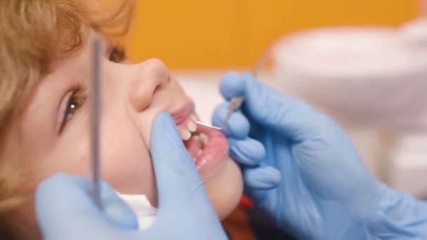Мила дитина в смугастому светрі на прийомі у стоматолога — стокове відео