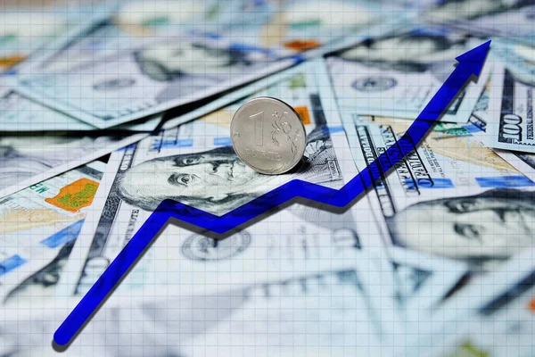 blue arrow chart on the background of hundred-dollar bills and the Russian ruble. Exchange Rates.