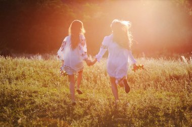 iki genç güzel kız çiçek süsleme ile beyaz gömlek ellerindeki çiçek çelenk ile doğa ve kontur veya arka çim arka planı güneşin ışık çalıştırın.