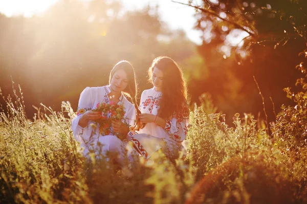 Две молодые красивые девушки в белых рубашках сплетут друг с другом венки цветов на фоне травы и природы на закате . — стоковое фото